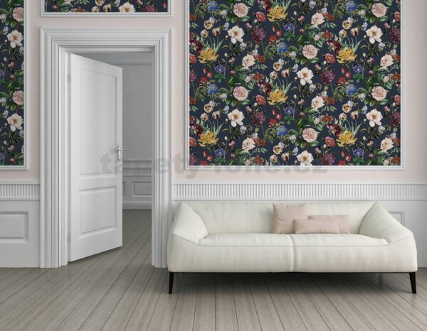 Vliesové tapety na stenu Trendwall 37236-4, rozmer 10,05 m x 0,53 m, kvety farebné na čiernom podklade, A.S. CRÉATION