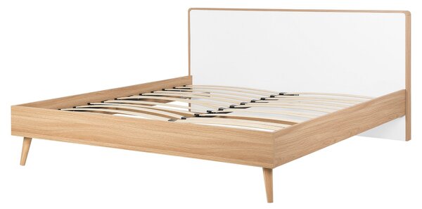 Posteľ svetlé drevo biela MDF 160 x 200 cm lamelový rošt s čelom moderný škandinávsky štýl spálňa