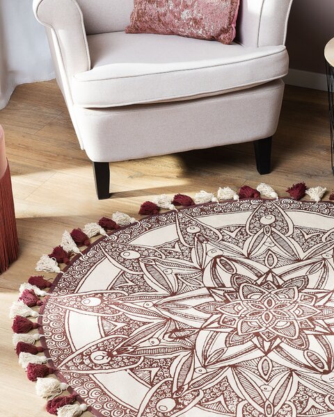 Koberec béžová červená bavlna ø 120 cm orientálny vzor so strapcami okrúhly tvar boho moderný štýl obývačka spálňa