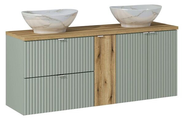 Comad Závesná skrinka Line Reed Green Pati s doskou a umývadlami 140 cm zelená/dub coast evoke