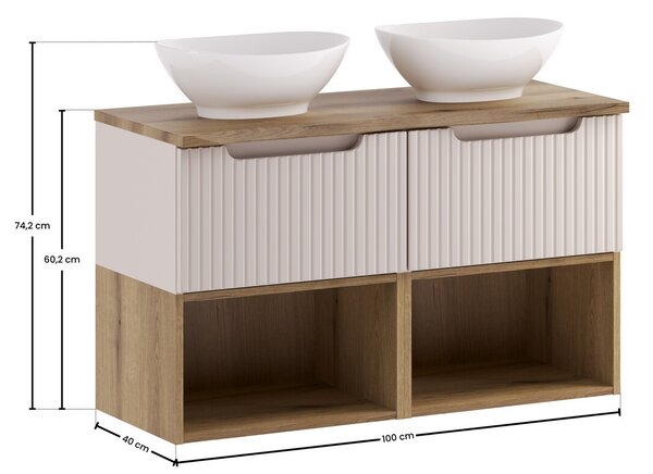 Comad Závesná skrinka Nova Cashmere Lola s doskou a umývadlami 100 cm kašmírová/dub coast evoke