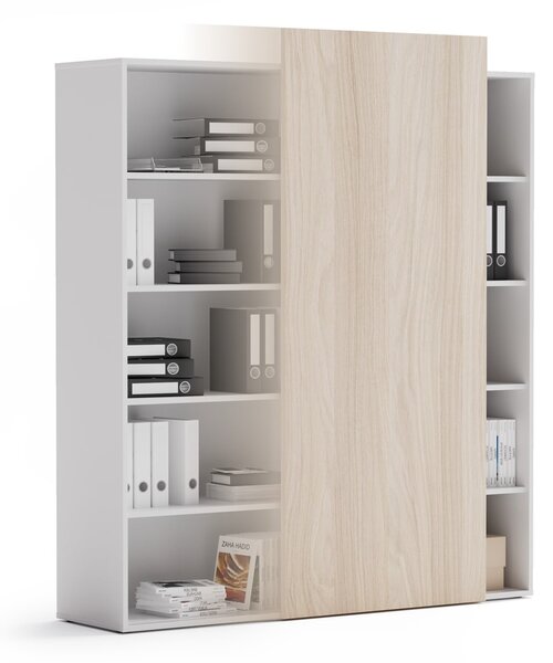 Kancelársky regál s posuvným panelom BLOCK, 1600 × 400 × 1748 mm, dub prírodný