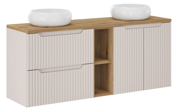 Comad Závesná skrinka Nova Cashmere s doskou a umývadlami 140 cm kašmír/dub evoke
