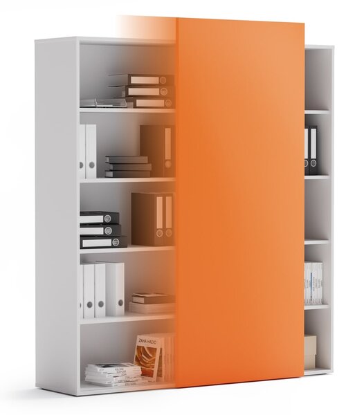 Kancelársky regál s posuvným panelom BLOCK, 1600 × 400 × 1748 mm, oranžová