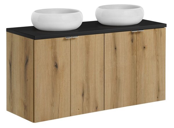 Comad Závesná skrinka Nova Oak s doskou a umývadlami 120 cm dub Evoke/čierna
