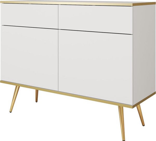 Komoda Banff KSZ107 - biela - zlaté nohy - 2 zásuvky - šírka 107 cm, výška 85 cm, hĺbka 39 cm