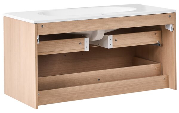 Závesná kúpeľňová skrinka na stenu svetlohnedá MDF 100 x 50 cm s 2 zásuvkami a umývadlom
