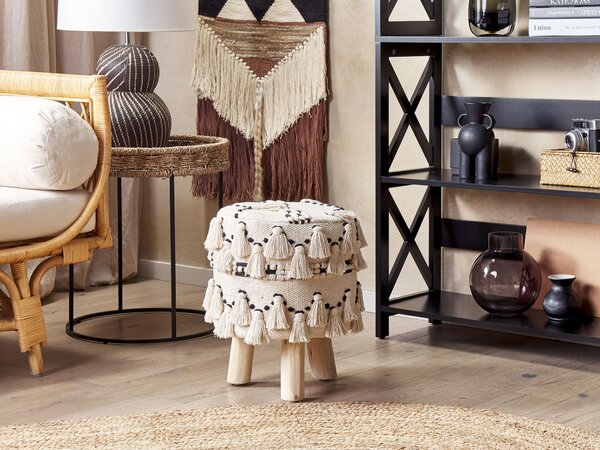Taburetka béžová s čiernym bavlnená so strapcami drevené nohy boho retro dekoratívne doplnky