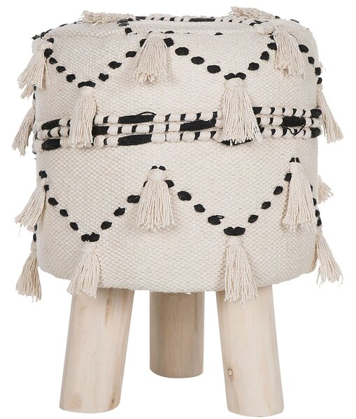 Taburetka béžová s čiernym bavlnená so strapcami drevené nohy boho retro dekoratívne doplnky