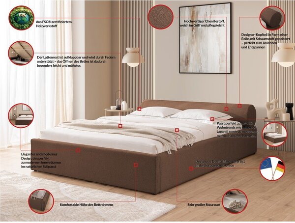 Hnedá čalúnená dvojlôžková posteľ s úložným priestorom s roštom 180x200 cm Cille – Ropez