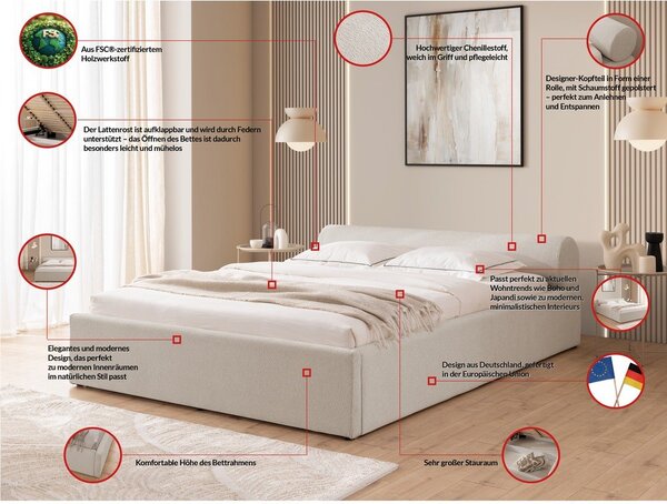 Béžová čalúnená dvojlôžková posteľ s úložným priestorom s roštom 180x200 cm Cille – Ropez