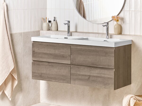 Závesná kúpeľňová skrinka s dvojitým umývadlom sivobéžová MDF 120 x 46 cm so 4 zásuvkami úložný priestor moderný štýl kúpeľňa
