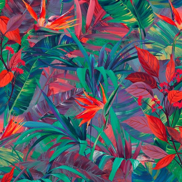 Vliesové tapety na stenu IMPOL Jungle Fever JF2301, listy červeno-zelené, rozmer 10,05 m x 0,53 m, GRANDECO