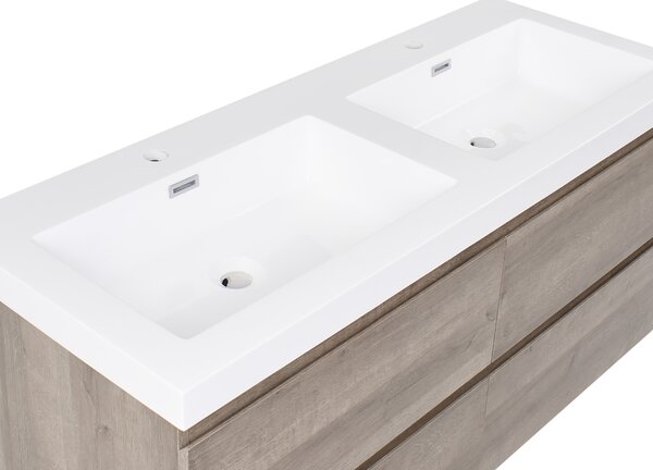 Závesná kúpeľňová skrinka s dvojitým umývadlom sivobéžová MDF 120 x 46 cm so 4 zásuvkami úložný priestor moderný štýl kúpeľňa