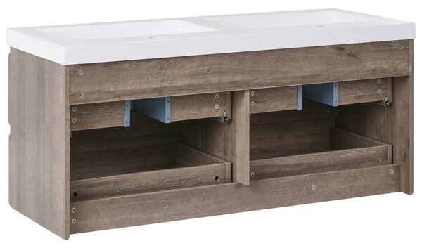 Závesná kúpeľňová skrinka s dvojitým umývadlom sivobéžová MDF 120 x 46 cm so 4 zásuvkami úložný priestor moderný štýl kúpeľňa