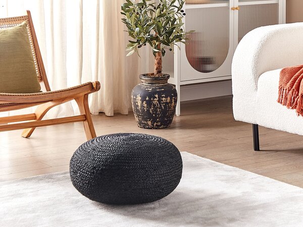 Taburetka čierna juta ⌀ 50 cm EPS výplň okrúhla puf na sedenie boho štýl obývacia izba