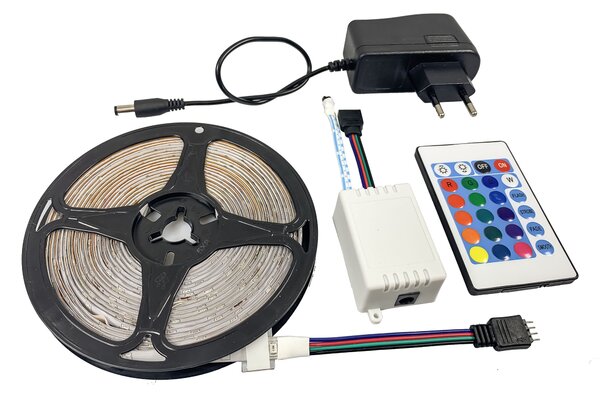 LED pásik RGB - IP65 - 5m + diaľkové ovládanie + napájací adaptér - SADA