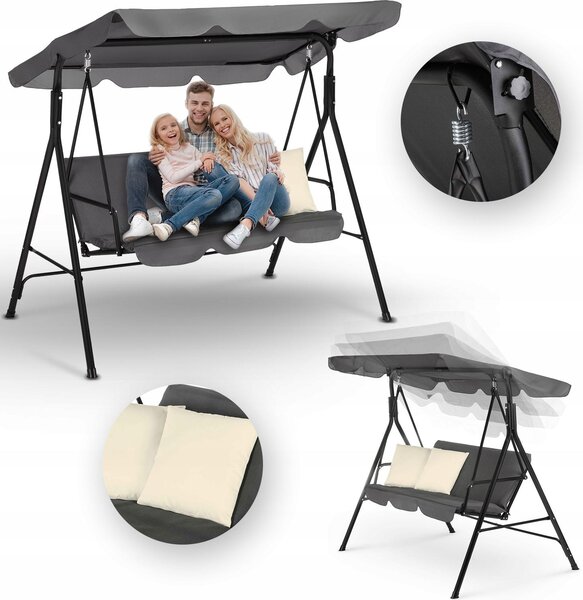 Outtec® Hollywood swing, záhradná hojdačka s 2 vankúšmi - 3-miestna, do 250 kg - záhradné ležadlo, hojdacia lavica s nastaviteľnou strechou pre záhradu, exteriér