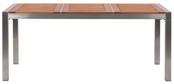 Záhradný jedálenský stôl svetlá drevená doska eukalyptové drevo 180 x 90 cm pre 6 osôb strieborné nohy z nehrdzavejúcej ocele