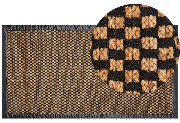 Koberec čierny a béžový juta bavlna koža 80 x 150 cm obdĺžnikový ručne tkaný kockovaný vzor rustikálny tradičný dizajn