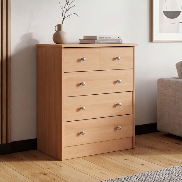 FineBuy Design Drevená komoda z bukového dreva 60 x 70 x 35 cm s 5 zásuvkami Viacúčelová komoda na stenu do predsiene Moderná komoda, nadčasový nábytok