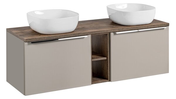 Comad Závesná skrinka pod umývadlo SantaFe Smile s doskou a umývadlami 140 cm taupe/dub santa fe vintage