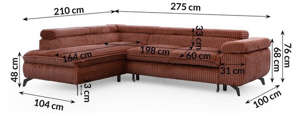 Menčestrová rohová pohovka v terakotovej farbe (ľavý roh/do L) Marbeya – Ropez