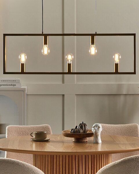 Závesná lampa s 5 žiarovkami mosadzný kovový obdĺžnikový rám elegantný industriálny štýl obývacia izba jedáleň