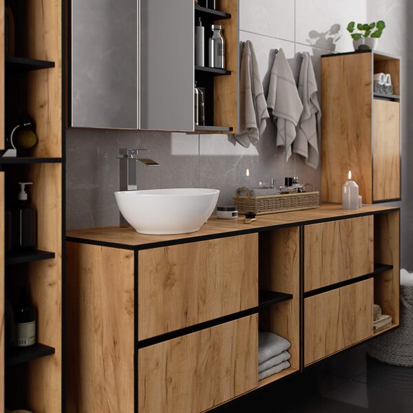 Ak furniture Závesná skrinka pod umývadlo VAMI s otvormi 90 cm dub craft/čierna