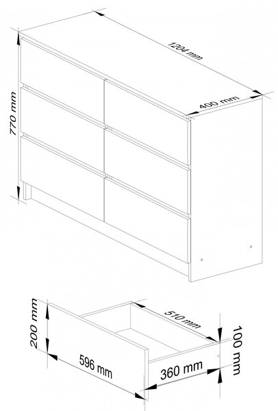 Ak furniture Komoda Kuba 120 cm 6 zásuviek biela/grafitová
