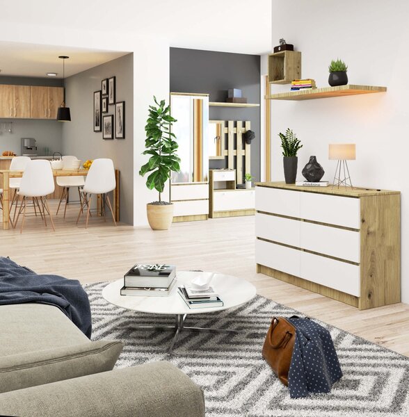 Ak furniture Komoda Kuba 120 cm 6 zásuviek dub artisan/biela