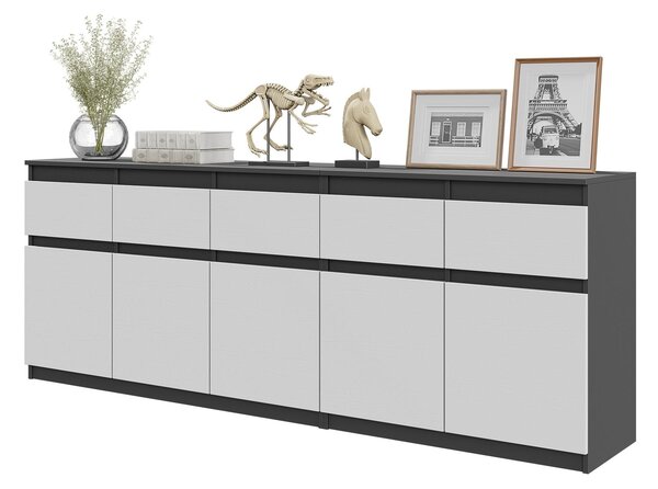 Komoda NOAH Antracit / Biela Mat – Veľká Komoda do Spálne s 5 Zásuvkami a 5 Dvierkami, Set Komôd Š200 x V75 x H35 cm