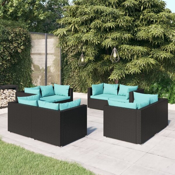 Maison Exclusive – 8-dielna záhradná súprava s vankúšmi z polyrotangu v čiernej farbe