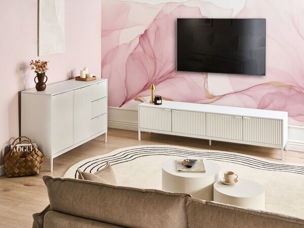 TV stolík biely MDF retro štýl s otváracími dvierkami drážkovaný dizajn obývacia izba
