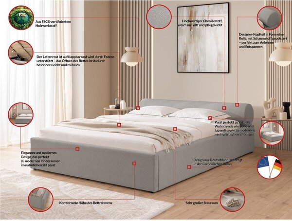 Svetlosivá čalúnená dvojlôžková posteľ s úložným priestorom s roštom 180x200 cm Cille – Ropez