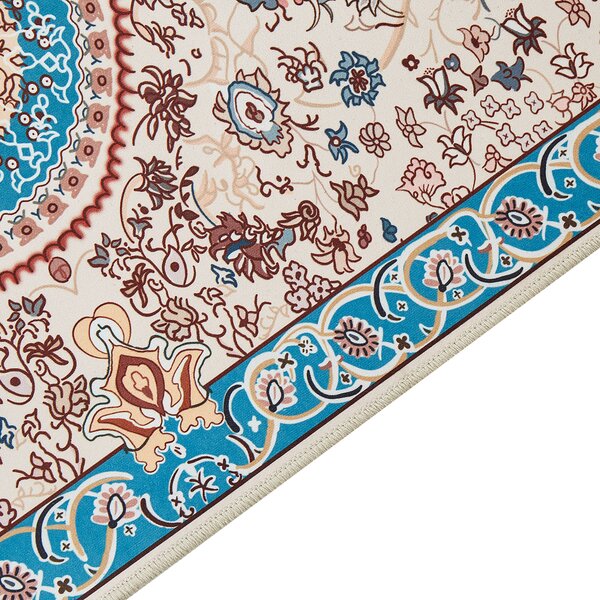 Koberec behúň béžová a modrá polyester 80 x 300 cm orientálny vzor protišmykový vintage moderný štýl predsieň