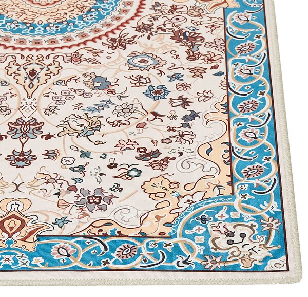 Koberec behúň béžová a modrá polyester 80 x 300 cm orientálny vzor protišmykový vintage moderný štýl predsieň