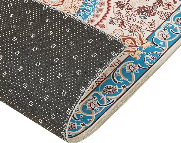 Koberec behúň béžová a modrá polyester 80 x 300 cm orientálny vzor protišmykový vintage moderný štýl predsieň