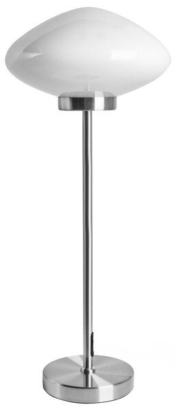 Stolná lampa strieborná železná kovový podstavec biele sklenené tienidlo moderný štýl obývacia izba spálňa