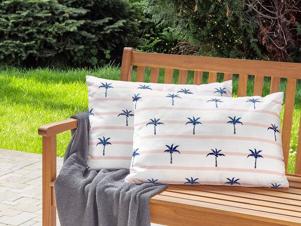 Sada 2 záhradných dekoratívnych vankúšov biela polyester palmový vzor 40 x 60 cm obdĺžnikové vankúše vodoodolné moderná terasa