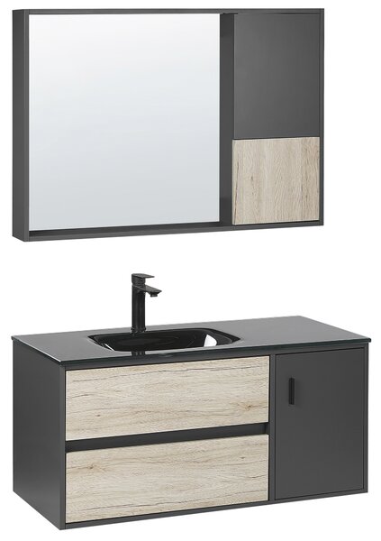 Súprava kúpeľňového nábytku čierna MDF 100 cm 4-dielna sada zrkadlová skrinka keramické umývadlo