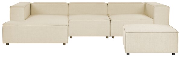 Modulárna pohovka béžová ľanová pre 3 osoby rohová pravostranná s taburetom čierne nohy moderná obývacia izba