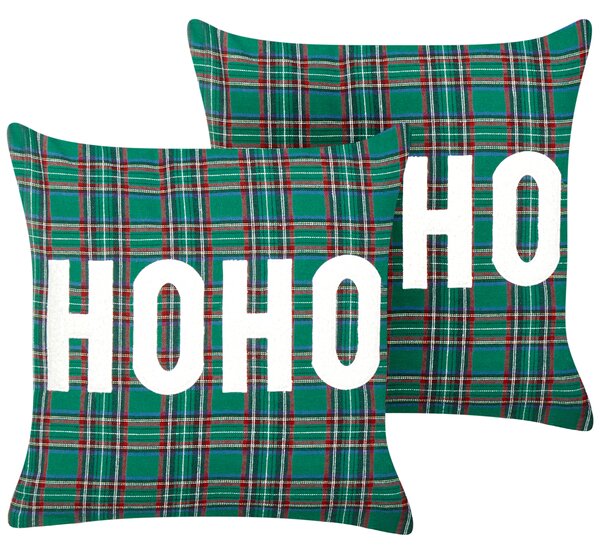 Sada 2 dekoratívnych vankúšov zelená polyester tartanový kockovaný vzor vianočný motív 45 x 45 cm štvorcový tvar dekorácie doplnky