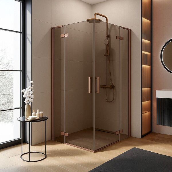 Štvorcový sprchovací kút REA HUGO Double Copper Brush 80x80 cm, meď kartáčovaná/hnedá dymová - bez vaničky