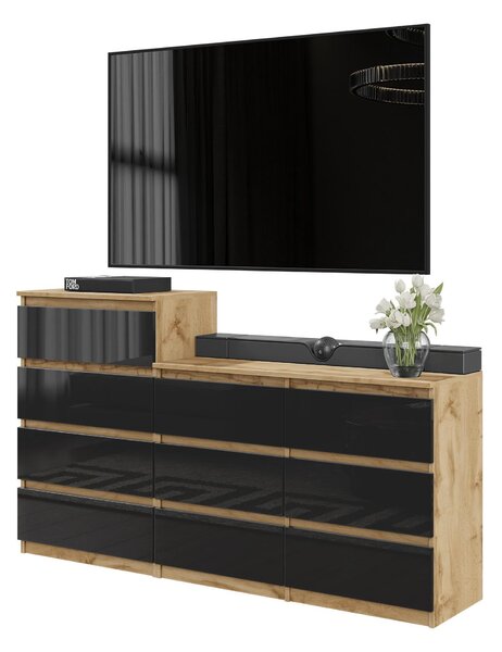 Komoda Wotan, dubový Imitácia / čierna vysoký lesk, s 10 zásuvkami (6 + 4) – Veľká komoda pre spálňu a obývačku – GABRIEL