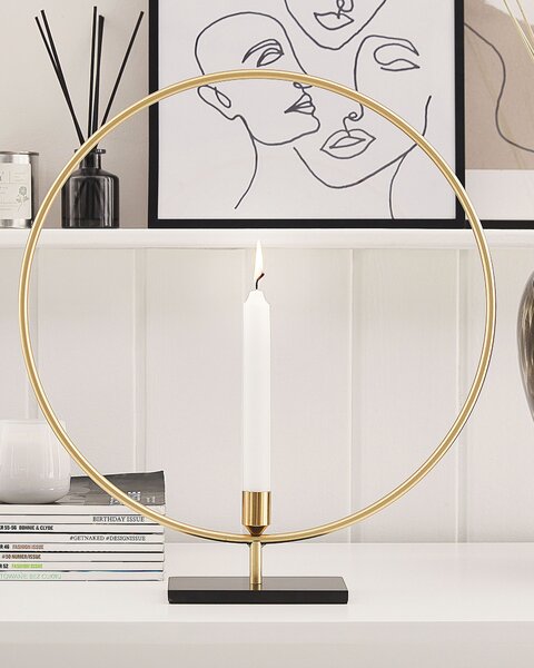 Svietnik čierna zlatá kov 45 cm okrúhly geometrický tvar na 1 sviečku moderný glamour štýl doplnky dekorácie