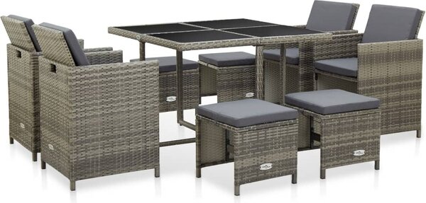 Maison Exclusive – 9-dielna záhradná jedálenská súprava s poduškami Poly Rattan Grey
