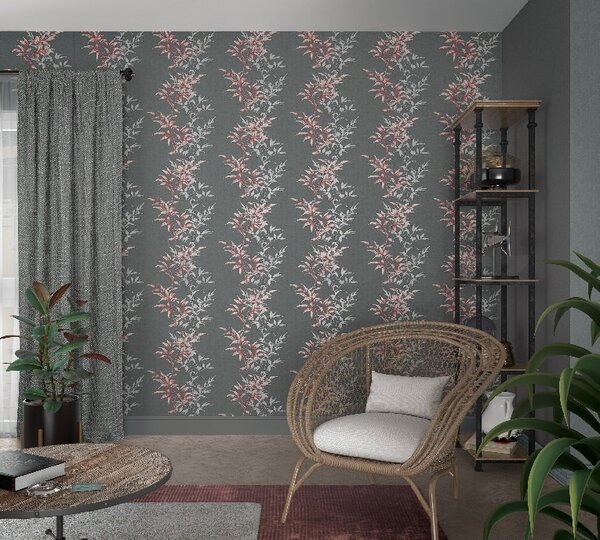 Vliesové tapety na stenu Hailey 82224, rozmer 10,05 m x 0,53 m, popínavé listy červené na tmavo sivom podklade, NOVAMUR 6791-50