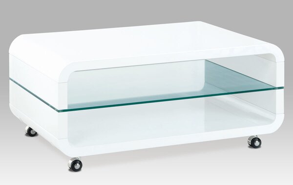 Konferenčný stolík 90x60x40, mdf biely vysoký lesk, čiré sklo, 4 kolieska