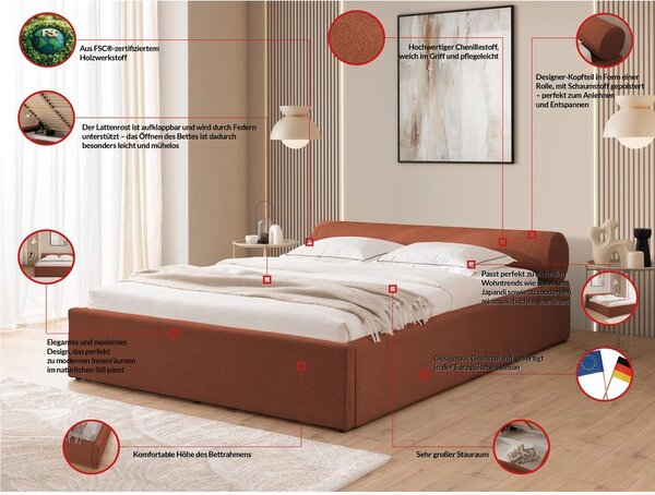 Čalúnená dvojlôžková posteľ s úložným priestorom s roštom 140x200 cm v terakotovej farbe Cille – Ropez